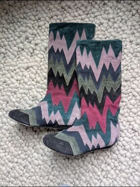 Multicolor Zigzag Suede Mid-Calf Boots